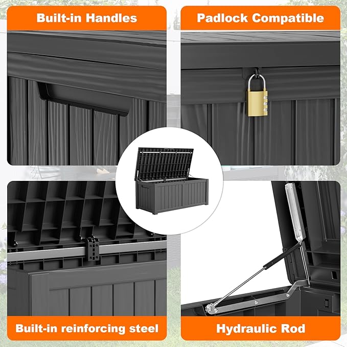 150 Gallon Outdoor Deck Box,Waterproof Resin Outdoor Storage Boxes, Outside Storage Lockable Container for Garden Tools,Indooor Cushions,Accessories (Black)