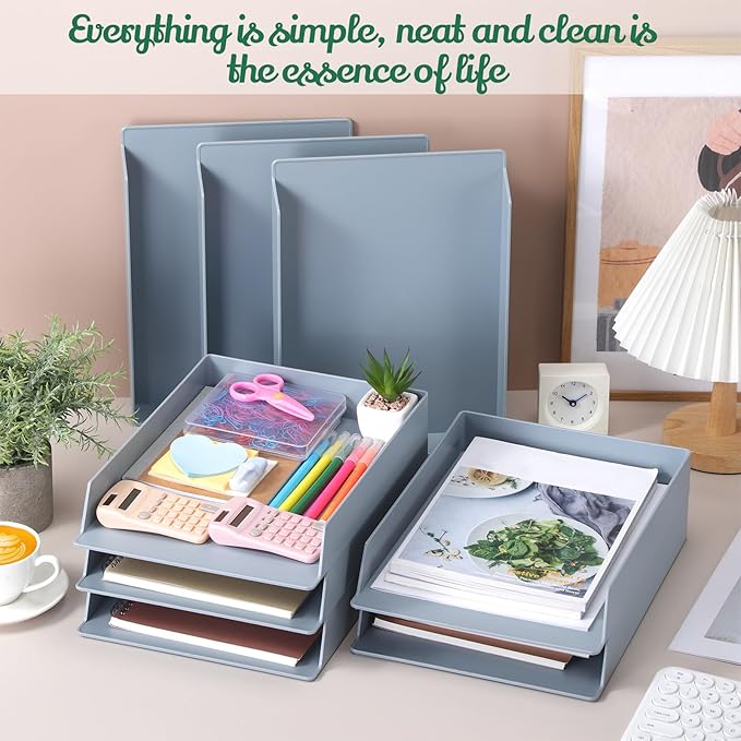 Wenqik 8 Pcs Stackable Paper Trays Rectangular Plastic Desk Holder Desktop Document File Organizer Storage Letter for Office Classroom (Gray)