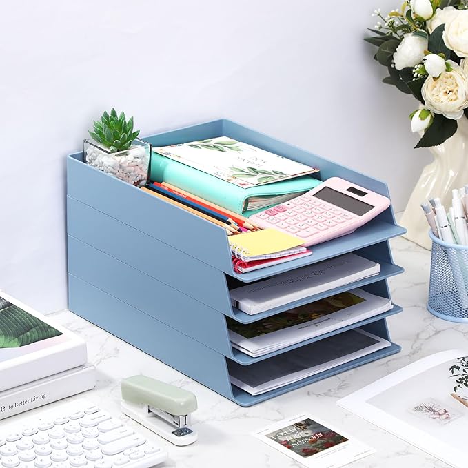 TecUnite 4 Pieces Stackable Letter Trays Blue Rectangular Stackable Office Letter Size Plastic Organizer Desk Tray for Desk Plastic Stacking Support for File Storage Office Classroom