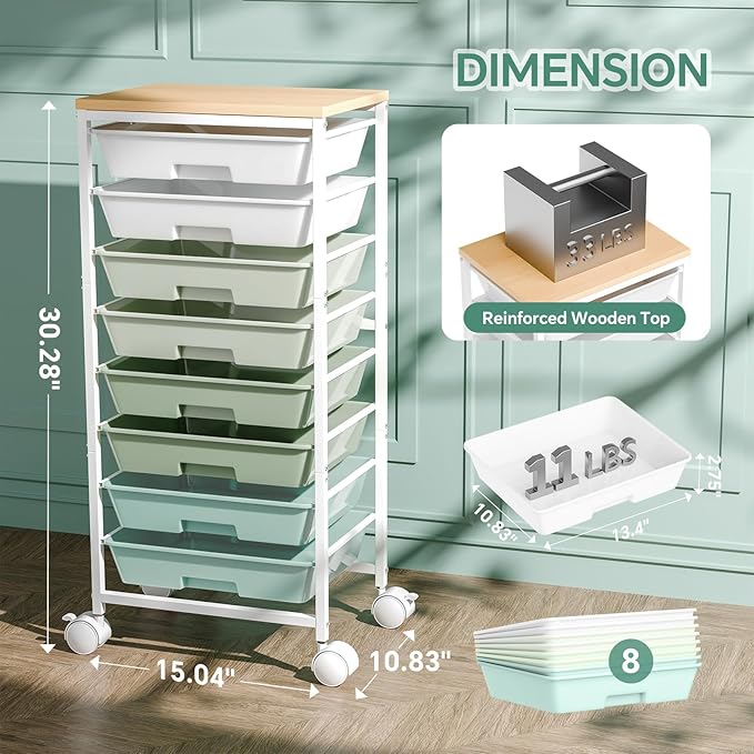 Rolling Cart with 8 Drawers, Storage Drawers Cart with Wooden Tabletop and Lockable Wheels, Utility Cart for Living Room, Office, Classroom, Craft Room, Green