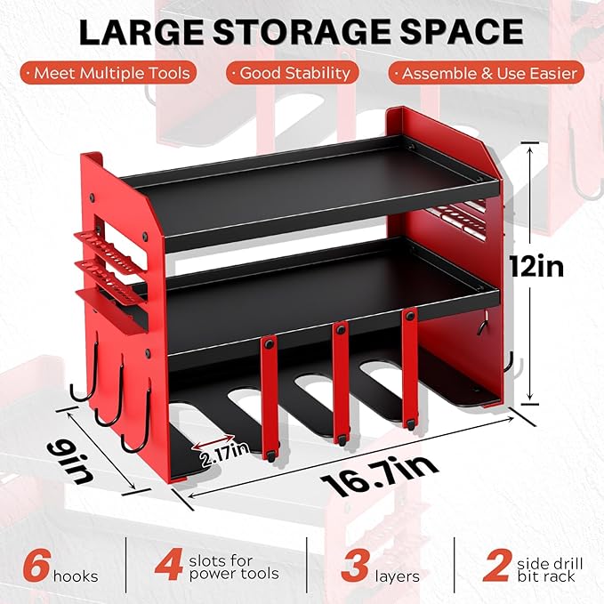 Power Tool Organizer Wall Mount - 120Lbs Load 3 Layers Storage Rack 4 Drill Holders for Drills Cordless Heavy Duty lron Garage Tool Organizer Storage - Workshop Shed Pegboard Basement, Gifts for Men