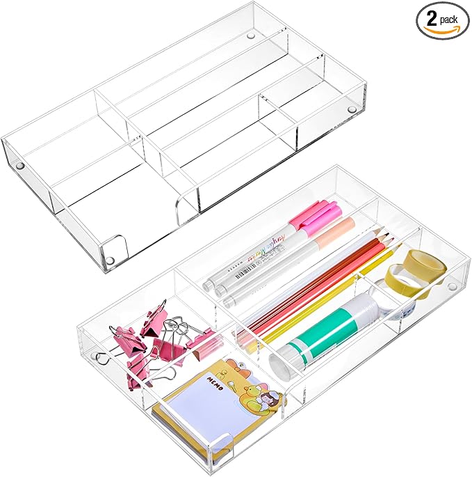 2 Pcs Clear Acrylic Desk Drawer Organizer 11 x 6 x 1.38 Inch Drawer Organizer Trays with 6 Compartments Desk Accessories for Office Makeup Silverware Bathroom