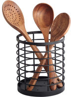 Utensil holder for Kitchen Counter - 5.2" x 5.2" x 6" Large Round Utensils Holder with Wooden Base Matte Black Cooking Utensil Holder，Kitchen countertop Utensil Organizer (Metal)