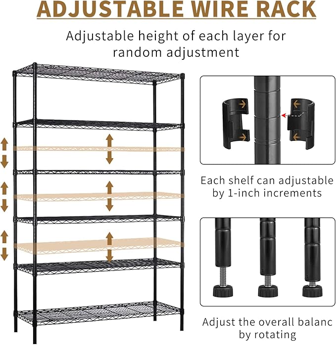 6-Tier Storage Shelves 45" x 18" x 82" Heavy Duty Metal Shelving Unit 2100Lb Capacity Adjustable Storage Racks with Wheels NSF Garage Wire Shelf for Basement Commercial, Black