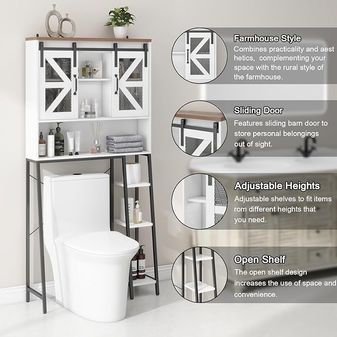 Vabches Over The Toilet Storage Cabinet, Farmhouse Storage Cabinet Over Toilet with Sliding Barn Door，Home Space-Saving Toilet Rack, for Bathroom, Restroom, Laundry White
