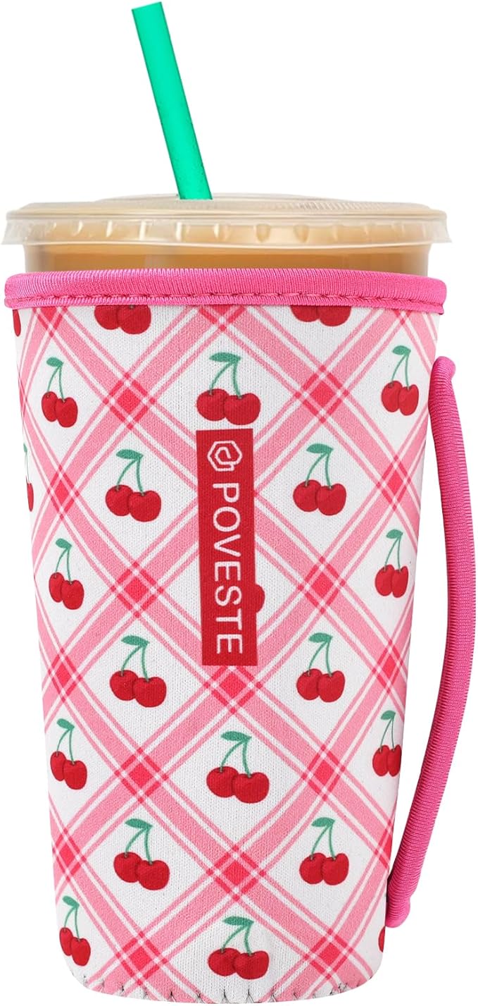 Reusable Neoprene Insulator Sleeve for Iced Coffee & Cold Soda, Coffee Sleeves for Iced & Hot Drinks, Cold Beverage Cooler Compatible with Starbucks, Dunkin (Cherry World, Large: 32oz)