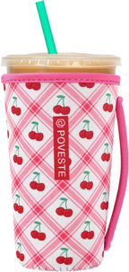 Reusable Neoprene Insulator Sleeve for Iced Coffee & Cold Soda, Coffee Sleeves for Iced & Hot Drinks, Cold Beverage Cooler Compatible with Starbucks, Dunkin (Cherry World, Large: 32oz)