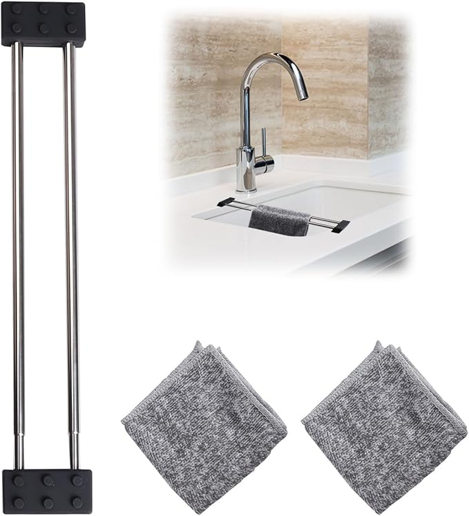 Dishcloth Drying Rack Sink with 2 Rags, Dish Towel Rack Stretchable Wash Dish Cloth Holder for Kitchen Stainless Dish Rag Holder for Sink Accessories for Drying