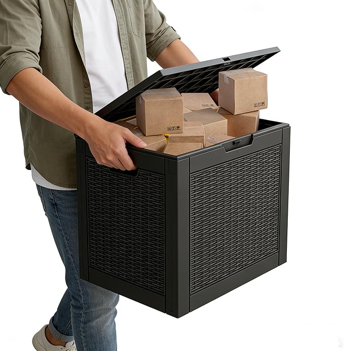 30 Gallon Outdoor Storage Box, Resin Deck Boxes Outdoor Waterproof For Patio Furniture, Garden Tools, Pool Supplies, Lockable And UV Resistant (Rattan Gray)