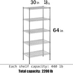 18" Deep x 30" Wide x 64" Height Wire Shelving Kit | 5-Tier | NSF Commercial Storage Rack Unit