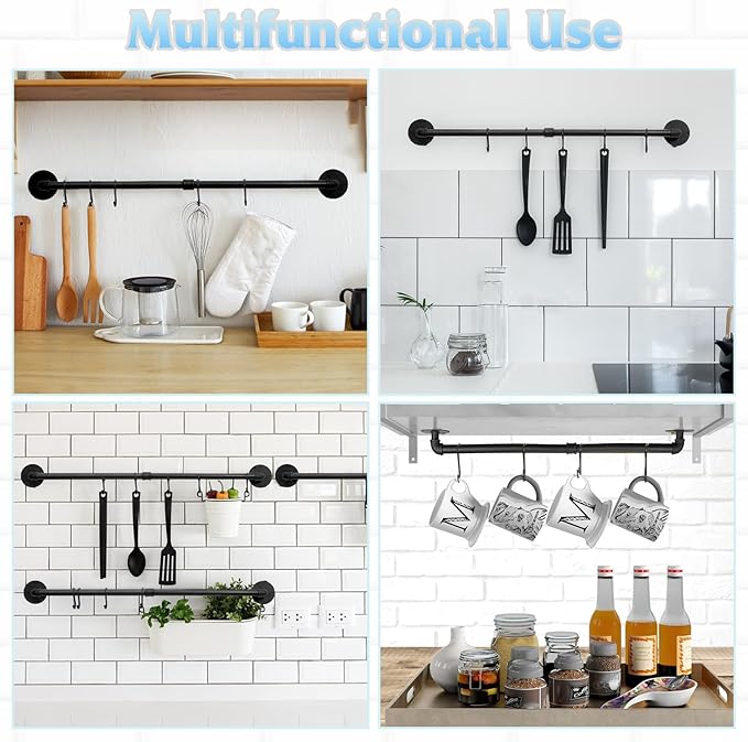 24 inch Pot Rack Wall Mounted Pot Hangers for Kitchen, Detachable Storage Organizer, Industrial Pipe Lids Utensils Hanging Rail Iron Holder with 6 S Hooks, Black