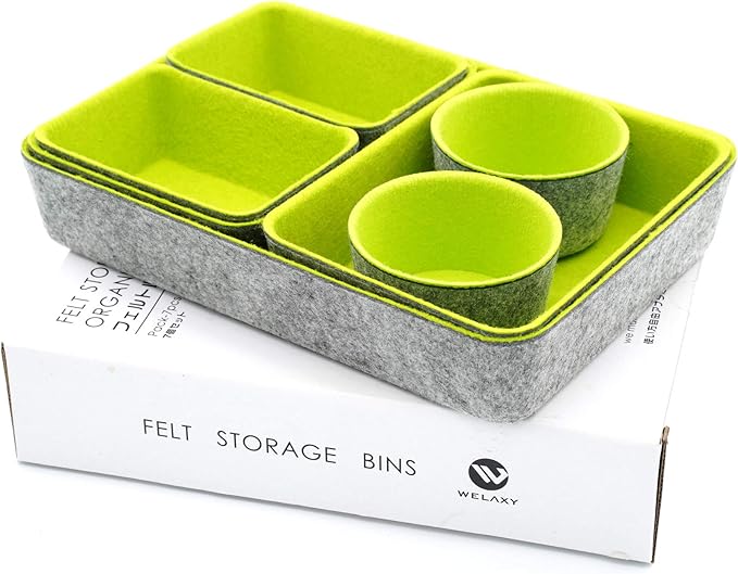 Welaxy Drawer organizer bin felt trays desk storage dividers for home office supplies Nightstand sort catchall entryway 7-piece Pack gift idea (Green)