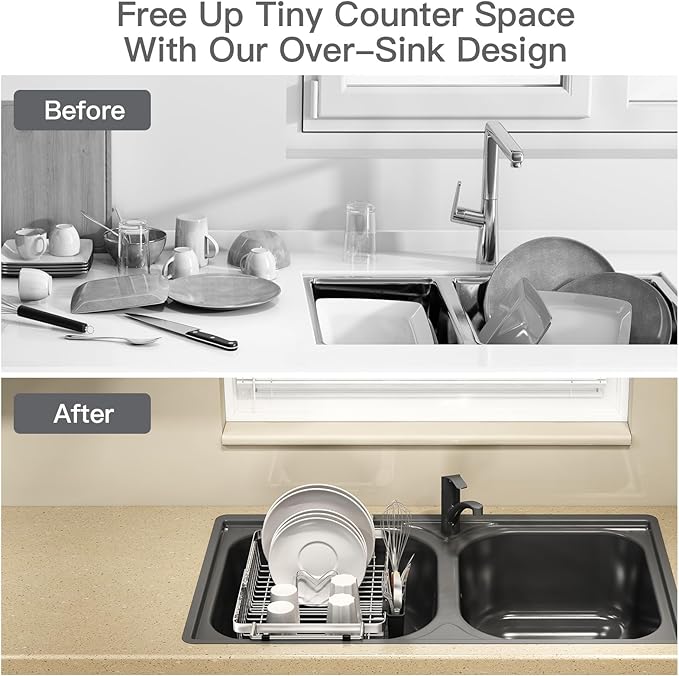 MAJALiS Over The Sink Dish Drying Rack for Small Kitchen Counter Space Saving, Expandable Stainless Steel Compact RV Plate Drain Strainer in Silver Wire Metal with Hanging Adjustable Utensil Holder