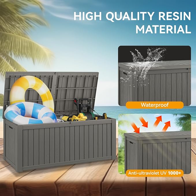180 Gallon Outdoor Storage Box, Resin Deck Boxes Outdoor Waterproof For Patio Furniture, Garden Tools, Pool Supplies, Lockable And UV Resistant (Striped Gray)