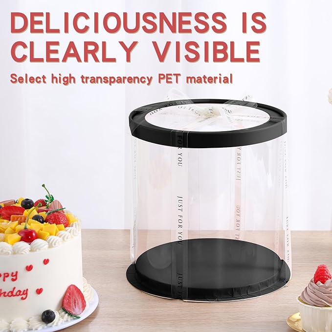 JCD Black Multi-Layer 10 * 10 Inch Round Clear Cake Boxs with Ribbon,6 Pack Tall Transparent Packaging Cake Containers PET Cake Carrier Box for Birthday (Black, Round 10inch/6pcs)