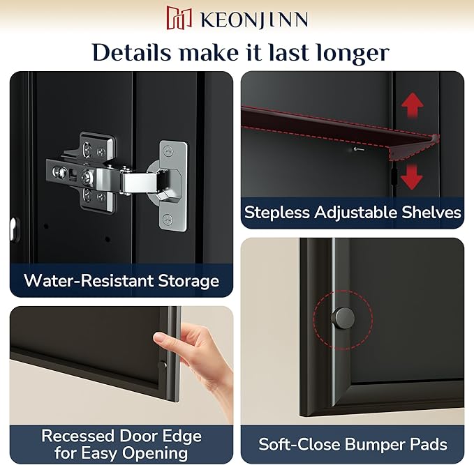 Keonjinn Black Medicine Cabinet for Bathroom with Mirror 16 x 24 Inch, Assembly Required, Lightweight, Tempered Glass, Free Adjustable Shelves, Recessed or Wall Mount, Bathroom Mirrors with Storage