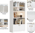 CABIHOME 63" Tall Bookshelf with Cabinet, 5-Tier Wood Bookcase with Wave Top, 6 Cubes & 2 Door Cabinets, Modern Display Storage Shelves with Gold Handles for Living Room, Bedroom & Home Office, White