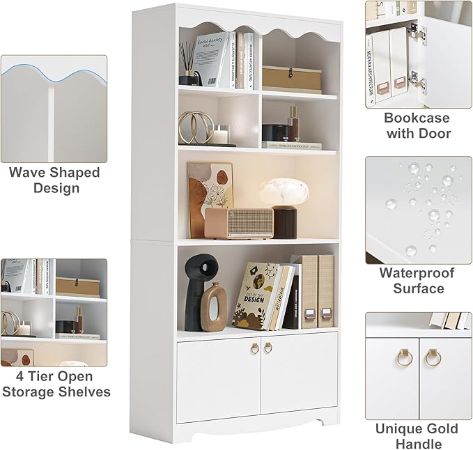 CABIHOME 63" Tall Bookshelf with Cabinet, 5-Tier Wood Bookcase with Wave Top, 6 Cubes & 2 Door Cabinets, Modern Display Storage Shelves with Gold Handles for Living Room, Bedroom & Home Office, White