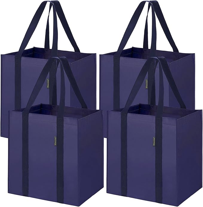 BALEINE 4 PK Grocery Bags Reusable Shopping Bags with Reinforced Bottom, Heavy Duty Foldable Tote Bags (Navy Blue)