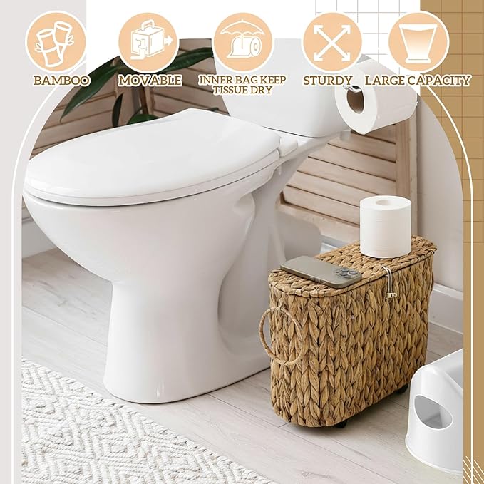 Weysat Wicker Toilet Paper Basket with Lid and Detachable Wheels Boho Slim Woven Toilet Paper Holder Holds up to 9 Mega Rolls for Home Bathroom Decor Organizer