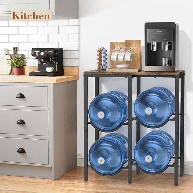 VINAEMO 5 Gallon Water Jug Holder, 3-Tier Water Jug Stand with Extended Wood Tabletop Shelf, 4 Slots 5 Gal Water Bottle Holder Storage Rack with Water Dispenser Stand for Home,Office,Garage Organizer