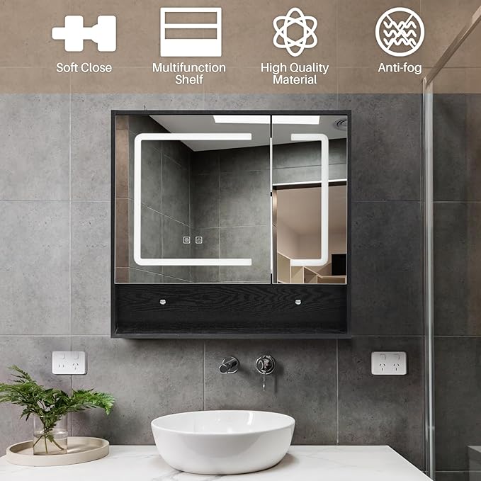 ALIMORDEN Medicine Cabinet with Light, Bathroom Wall Cabinet with Defogger Mirror & LED Lights, 2 Doors Wall Mounted Bathroom Mirror, Recessed or Surface Mount, Morden Black(Cubic 30.4 x 29.5), Small