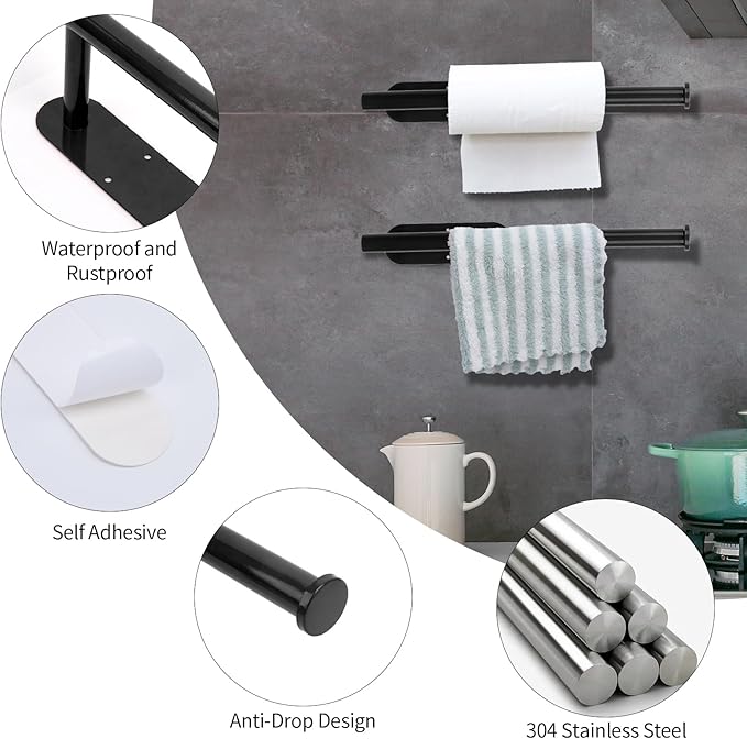 YeeBeny Black Paper Towel Holder Kitchen Roll Holder, Paper Towel Holder - Self Adhesive or Drilling, Under Cabinet Paper Towel Rack, Wall Mounted Paper Towel(Black)