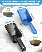2-Pack Dog Food Scoop Set,1 Cup and 2 Cup Plastic Pet Food Measuring Scoops with Clear Measurement Lines,Multi-Purpose Pet Food Scooper for Dogs, Cats (Blue and Black)