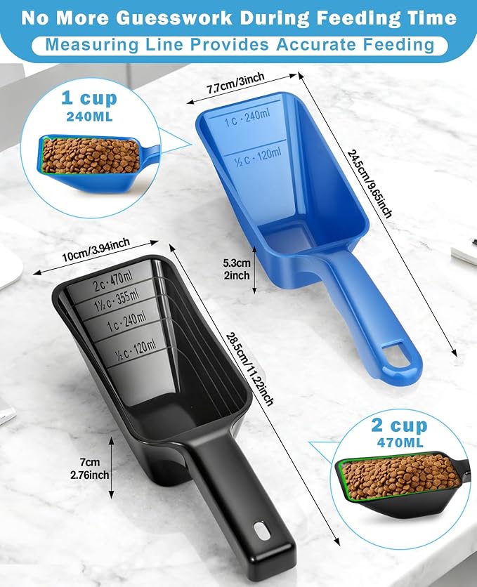 2-Pack Dog Food Scoop Set,1 Cup and 2 Cup Plastic Pet Food Measuring Scoops with Clear Measurement Lines,Multi-Purpose Pet Food Scooper for Dogs, Cats (Blue and Black)