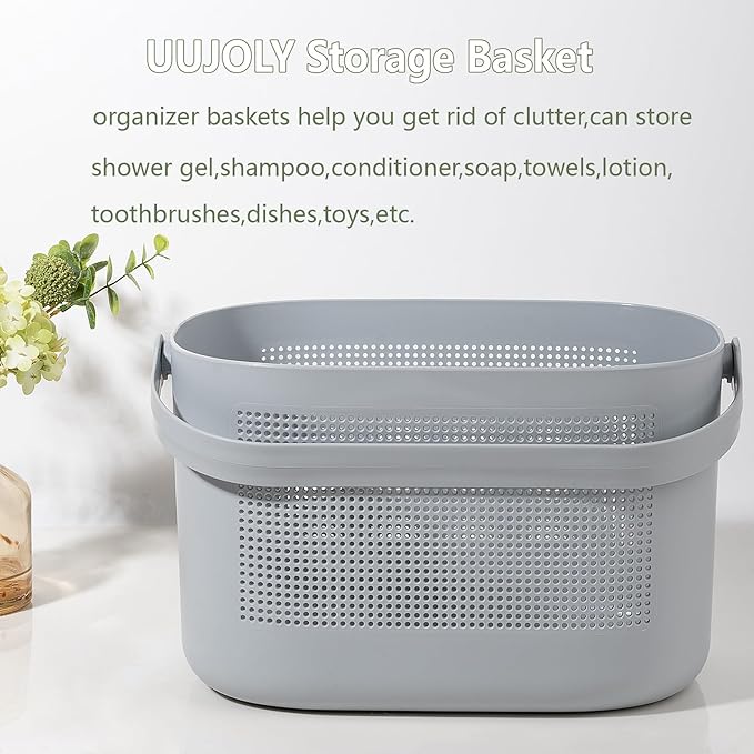 UUJOLY Plastic Storage Baskets with Handles, Shower Caddy Shelf Organizers Basket for Bathroom, Kitchen, Dorm Room, Gray