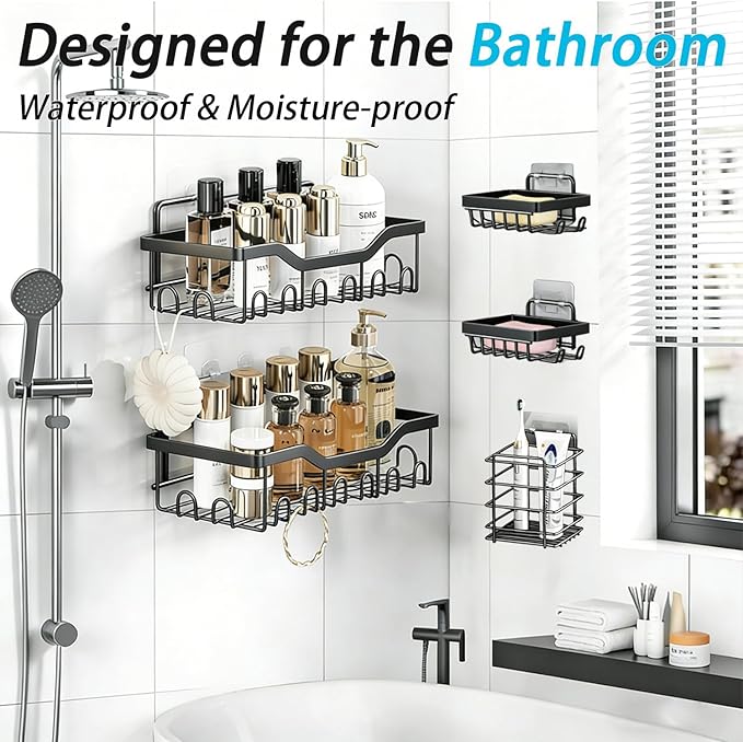 Adhesive Shower Caddy, 5-Pack Rustproof Stainless Steel Bathroom Organizer with 28 Hooks, No-Drill Large Capacity Shower Shelves for Bathroom Storage & Home Décor, Black