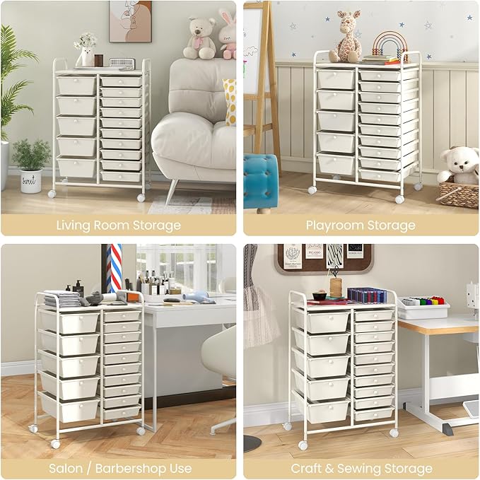 RELAX4LIFE 15-Drawer Storage Drawer Carts - Mobile Rolling Utility Cart w/Wheels, Craft Organizer for Classroom Organization and Storage, School, Office, Home, Storage Organizer Cart (White)