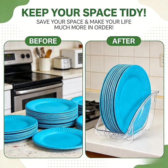 4 Pack 10 Inch Paper Plate Holder, Plastic Plates Dispenser Organizer, Under Cabinet Vertical Dinner Dish Drainer, Reusable Plate Drying Rack, Salad Dessert Dish Cradle for Kitchen Countertop