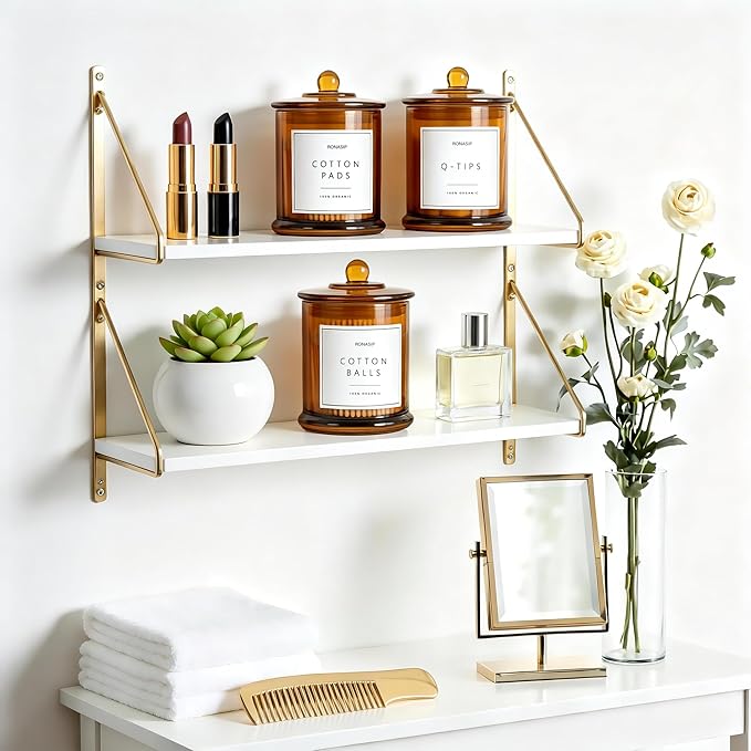 3 Pack Qtip Holder Dispenser, 16oz Bathroom Organizer and Storage Canisters, Glass Apothecary Jars with Lid - Home Decor, Room Decor Aesthetic (Amber)