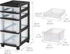 IRIS USA Plastic Drawer Storage Organizer Rolling Cart, with Wheels Casters, 4-Drawers, for Classroom Art Craft Supplies Dresser Closet Bathroom Laundry Room, Black/Clear