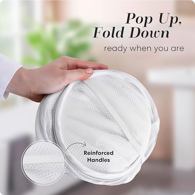 Handy Laundry Collapsible Mesh Pop Up Laundry Hamper 2-Pack, Wide Opening, Side Pocket, Space-Saving Foldable Basket for Clothes, Travel, Dorm, Kids Room, Breathable & Durable (White)