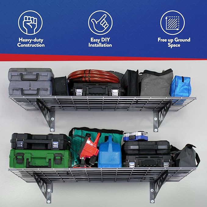 SafeRacks Garage Wall Shelves - 2-Pack 18"x36" Mountable Shelving Units for The Garage, Pantry or Utility Closet, Heavy Duty Steel Shelf with Bike Accessory Hooks, 500lb Capacity, Color: Hammertone
