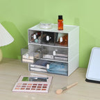 Desktop Storage Drawers, Plastic Desk Organizer with 6 Drawers, Modular Stackable Toolbox Units for Office Stationary, Makeup Container, Bathroom Countertop (3 Tiers, White & Clear)