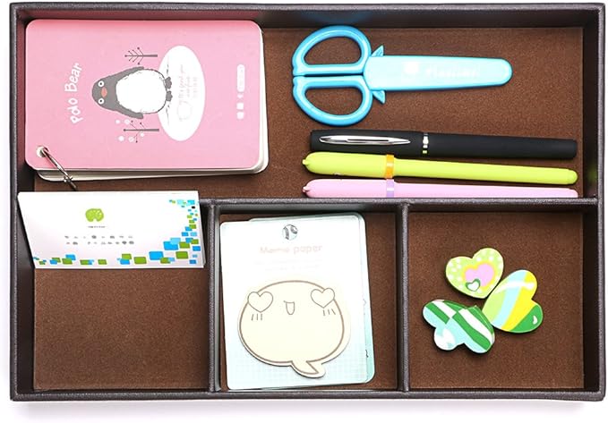 BTSKY 4 slots Desk Drawer Organizer, PU Leather Drawer Storage Organizer Divider for Office Desk Supplies Value Collection and Accessories Multi-Purpose Storage Desktop Organizer Tray(Brown)