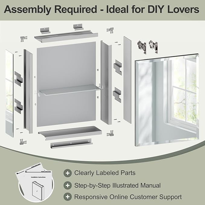 14x18 Inch Aluminum Medicine Cabinet with Beveled Mirror, Assembly Needed, Recessed or Wall Mount, 1 Adjustable Tempered Glass Shelf, Side Mirrors, Reversable Door, Rectangular Silver Edge