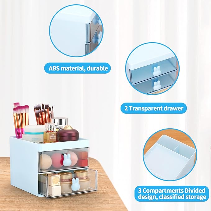 LETURE Small Desk Organizer With Drawer, Office Desktop Storage Box, Business Card/Pen/Pencil/Mobile Phone/Stationery Holder Storage Box, Makeup Organizer for Office School Home (Blue)