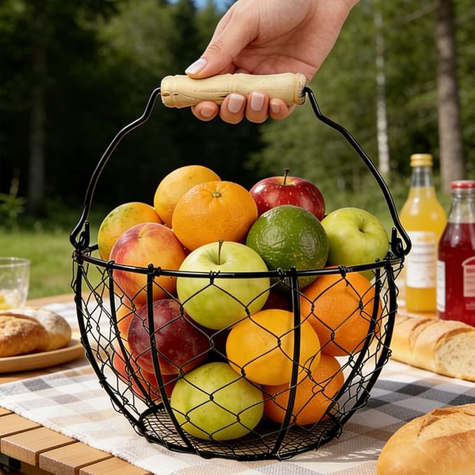 2 Pcs Egg Basket With Handle,Wire Egg Basket for Gathering Fresh Eggs, Round Egg Collecting Basket for Farm,Vintage Style Chicken and Duck Eggs Basket Egg Countertop Storage Container Holder ﻿