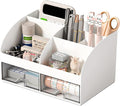 Desk Organizer with 6 Compartments and 2 Drawers, Plastic Makeup Organizer, Pen Holder for Desktop Storage, Desk Organization for School, Home, Office Supplies (White)