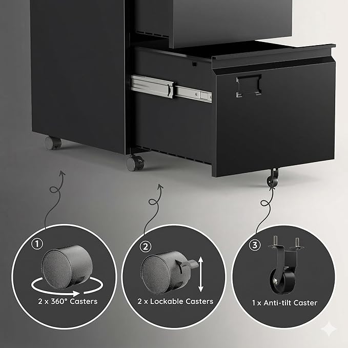 2 Drawer File Cabinet with Lock, Heavy-Duty Metal Rolling Filing Cabinet for Home Office, Under Desk Printer Stand with 5 Wheels, Required Assembly with Video Guide, Fits Letter/Legal Size, Black