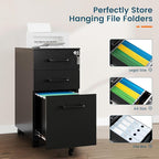 MIIIKO File Cabinet 3 Drawers on Wheels Under Desk, Black Metal File Cabinets with Lock for Home Office, Filing Cabinet with Lock(Un-Assembled)