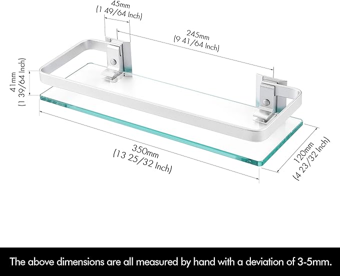 KES 3 Pack Glass Shelf for Bathroom, Glass Bathroom Shelf Floating Glass Shelf for Wall Aluminum Extra Thick 8MM Tempered Glass Shelves Rectangular Wall Mount Silver, A4126A-P3