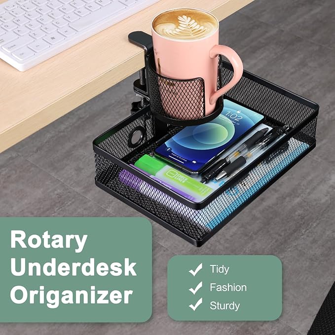 ROSYLINE 360°rotation under desk drawer, Drawer Under Desk Storage Organizer, Rotary Desk Storage Organizer with Cup Holder, Clamp Drawer Basket, sturdy and durable (black)
