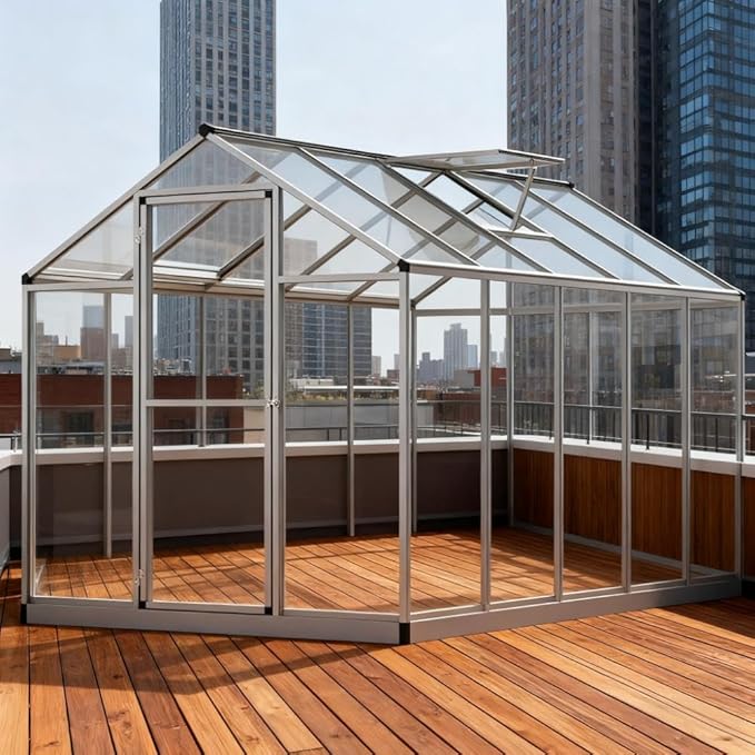 Aluminum Greenhouse with Polycarbonate Panels, Walk-in Garden Greenhouse for Outdoor Plant Growing, Durable Structure for Year-Round Gardening (Silver + Aluminum-1)