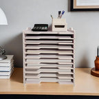 A4 Wooden Desk Letter Tray, Paper Organizer Storage with Adjustable Shelves, Stackable File Sorter for Notes, Pens, File Paper and Desk(A4&Landscape-10tray(with 9 Adjustable Shelves))