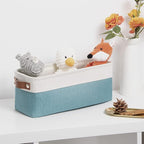 DULLEMELO Fabric Bathroom Storage Bin with Leather Handles, Narrow Organizer for Towels, Toilet Paper Rolls, Storage Basket for Back of Toilet, Vanities, Shelves & Cabinets (White&Teal)